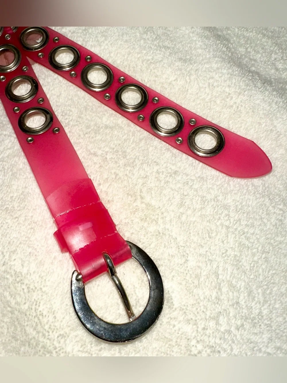 Y2K Hot Pink Jelly Grommet Belt Silver Tone Eyelets Retro 2000s Accessory 38”